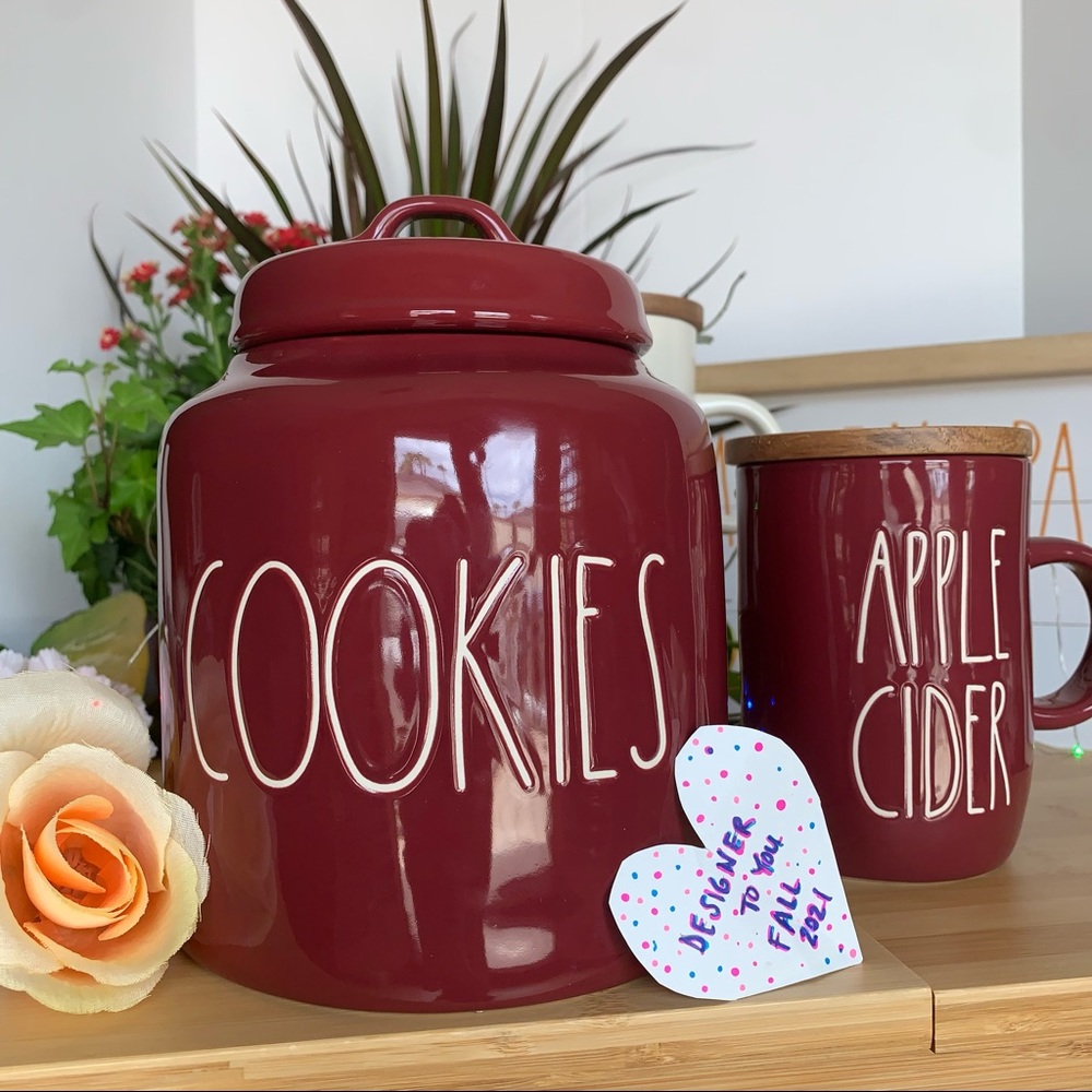 RAE DUNN LARGE MAROON FALL HOLIDAY THEMED COOKIES & MUG w/TOPPER SET HTF RARE RD